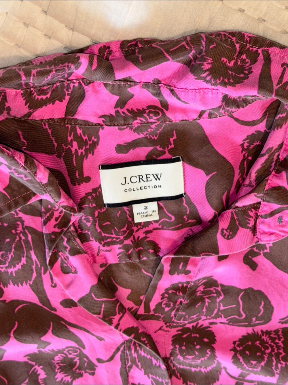 Women's Pink and Brown Lion-Print Button Down Blouse - Brand: J. Crew